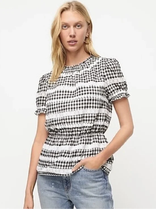J. Crew Daisy Chain Black & White Gingham Smocked Waist Short Sleeve XS Top