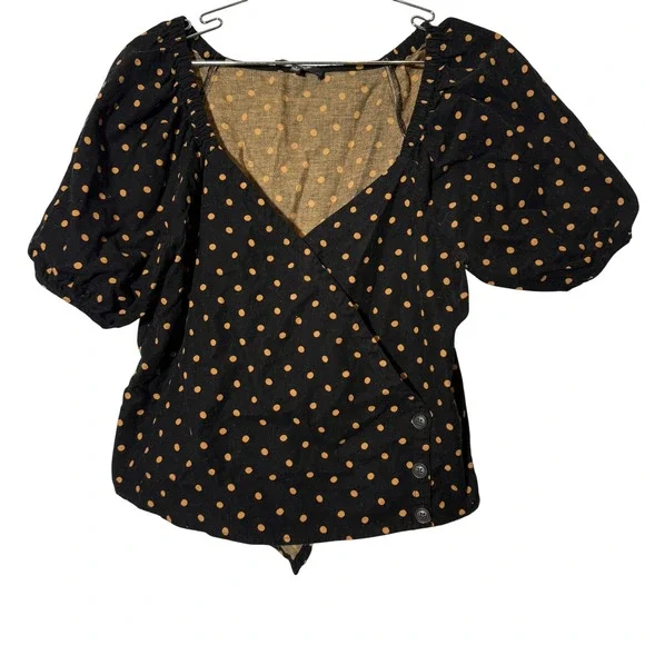 Madewell Wrap Top Womens Small Black Polka Dot Puff Sleeve Corduroy
