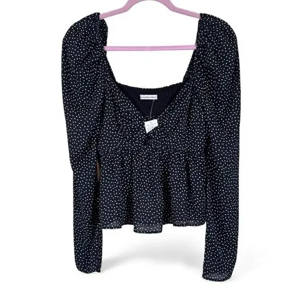 Abercrombie & Fitch Black Polka Dot Puff Sleeve Blouse Womens M Cropped Smocked