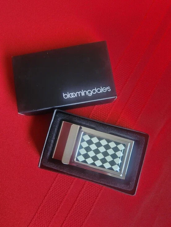 Bloomingdale's Silver-Tone Money Clip with Black and White Check Enamel