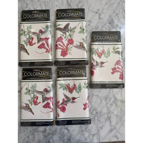 Vintage Colormate Hummingbird Floral Wall Border Sears Pre-Pasted 75ft-5 Rolls