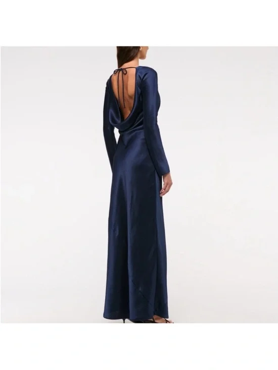 Abercrombie & Fitch Navy Long Sleeve Cowl Back Maxi Dress XL Satin Asymmetric