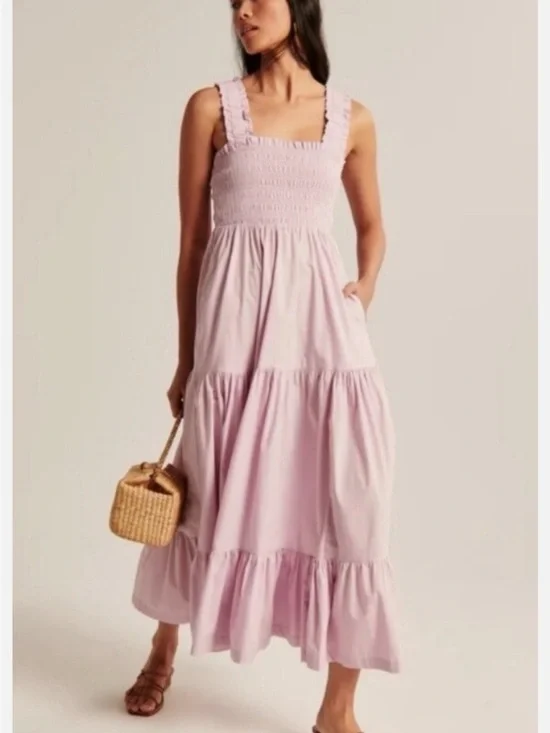 ABERCROMBIE & FITCH Smocked Bodice Easy Maxi Tiered Dress Sz S  Lavender