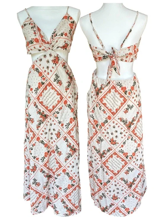 Abercrombie A&F Julia Slip Cutout Maxi Dress Floral Cream Casual Cottagecore XL