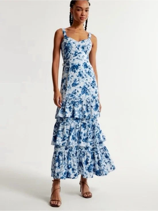 Abercrombie & Fitch White and Blue Floral Tiered Maxi Dress