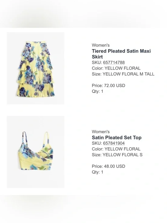 Abercrombie & Fitch Yellow Floral Satin Pleated Set (Top & Maxi Skirt)