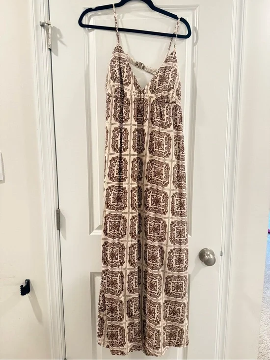 Abercrombie & Fitch Cream and Brown Printed Spaghetti-Strap Jumpsuit