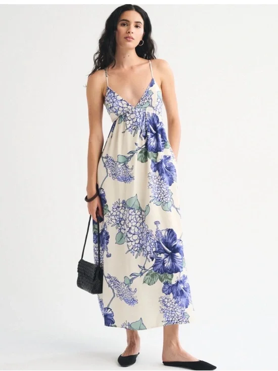 Abercrombie & Fitch Cream Maxi Dress with Blue Floral Print