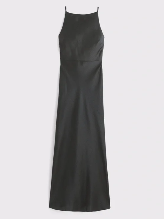 High-Neck Crinkle Satin Maxi Dress in Black