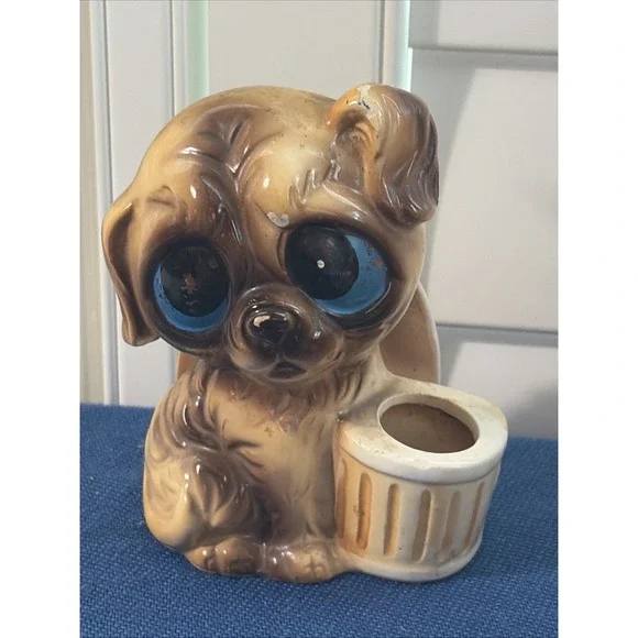 Vtg Big Eye Pity Puppy Dog Letter Holder Desk Acc. Made in Japan Ceramic 1960s