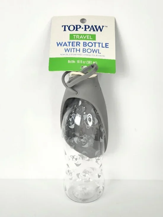 TOP PAW Travel 19 oz Dog Water Bottle with Foldable Silicone Bowl Gray New