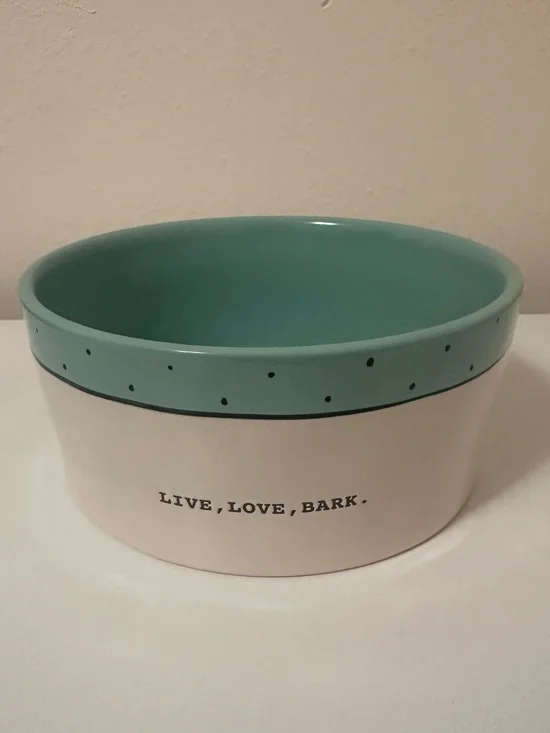 Rae Dunn Live Love Bark Teal Polka Dot LG 8” Ceramic Dog Bowl Artisan Collection