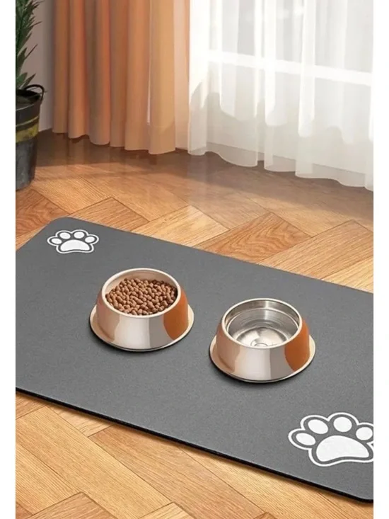 Gray Paw Print Feeding Mat - Tan Accent
