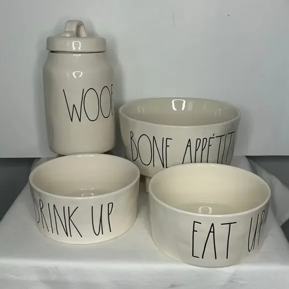 Rae Dunn Dog Bowl Set BONE APPETIT EAT UP WOOF drink up Canister Farmhouse Pet