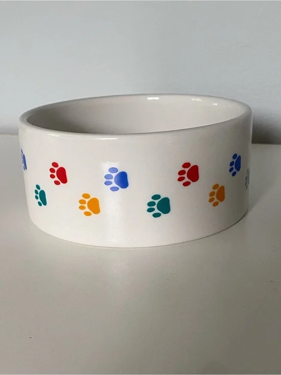 Spot Brand Dog Bowl White With Colorful Paw Prints Ceramic Pet 5” Cat Dish EUC
