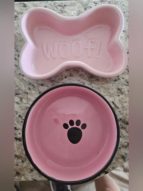 ​Pink Ceramic Dog Bowl Bundle: Top Paw & Blue Harbor Collection