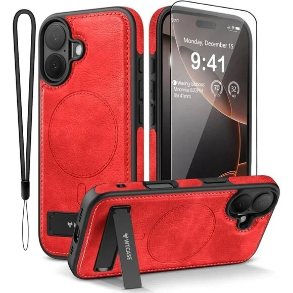 Red Iphone 17 Pro Max Invisible Stand Protective Slim Kickstand Leather Case
