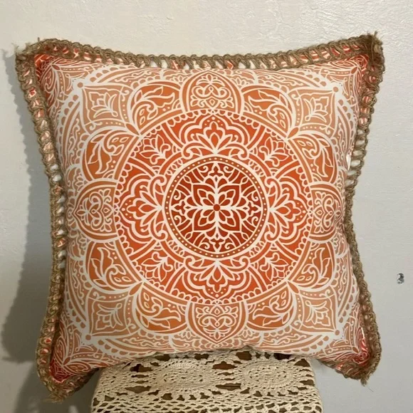 Mandala Patterned reversible Orange and yellow Throw Pillow with jute trim
