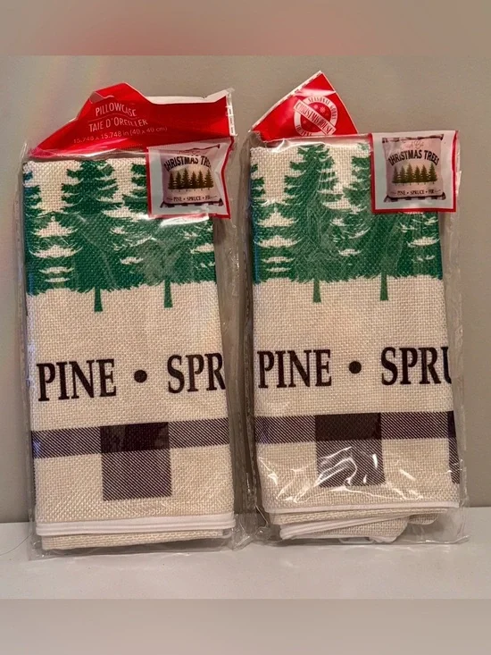 New Pair of Christmas Tree Pine Print Pillow Covers - Green & Black
