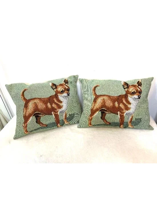 Set 2 Needlepoint Chihuahua Decorative Pillow Covers w/Pillows 11 X 14 Dogs Pups