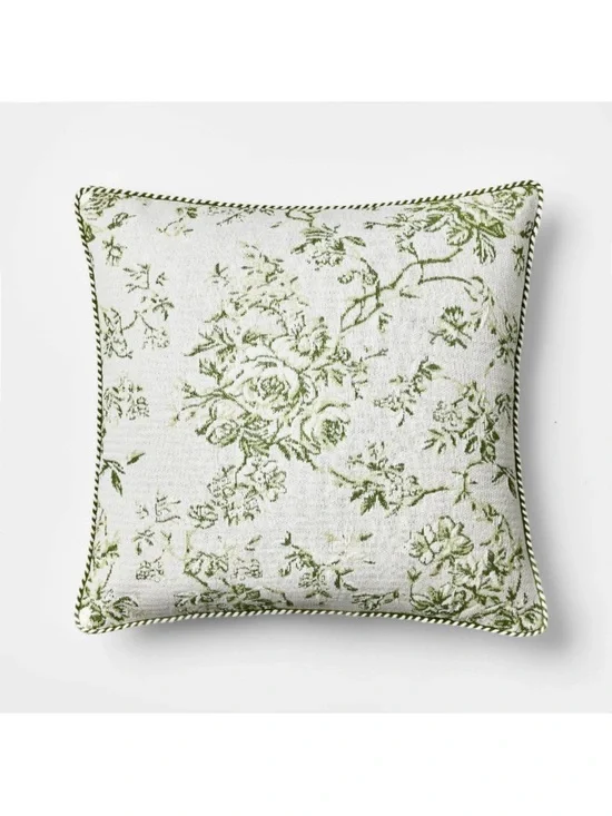 Studio McGee 24” Square Floral Jaquard Accent Pillow Green
