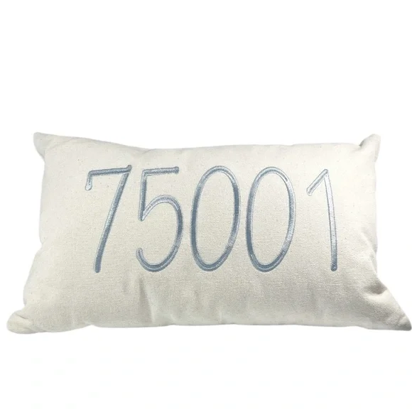 NEW Zip Code 75001 (Addison, Texas) Cream Pillow with Gray Embroidery