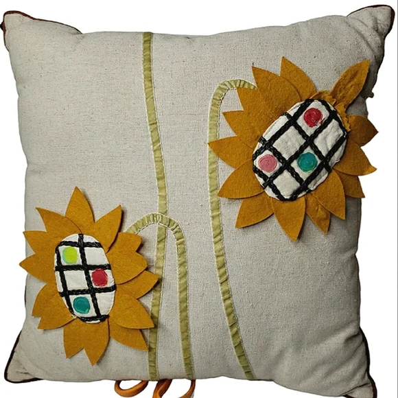 Linen Felt Sunflowers Velvet Leather and Paint Decorative Throw Pillow 17