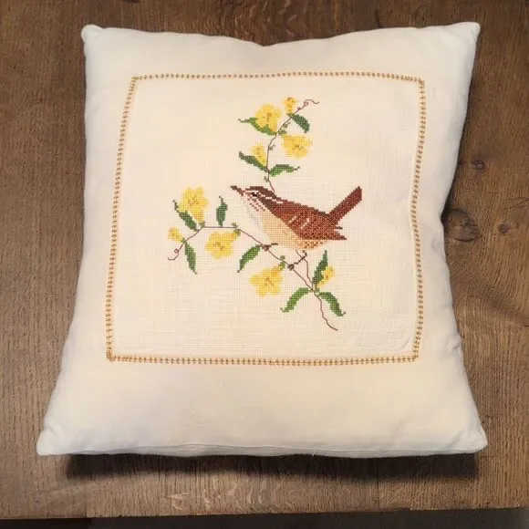 Handmade Cross Stitch Bird and Floral Accent Throw Pillow Vintage