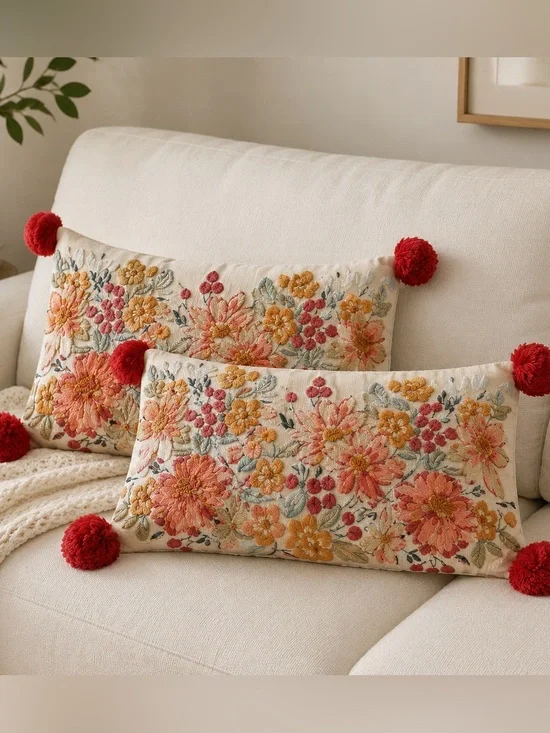 2 EnVogue Coral Embroidered Floral Applique Oblong Pillow Cover Set with Pom Pom