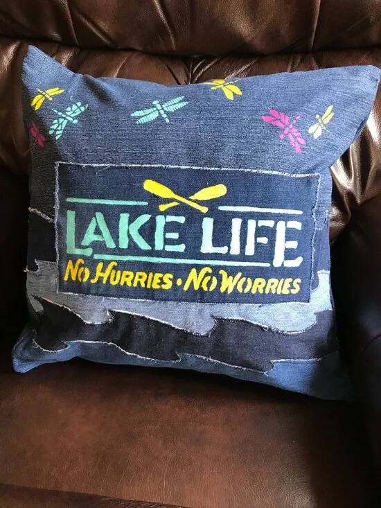 Lake House Pillow Cover 18 x 18, Lake Life Theme Cabin Decor Waves Dragonflies