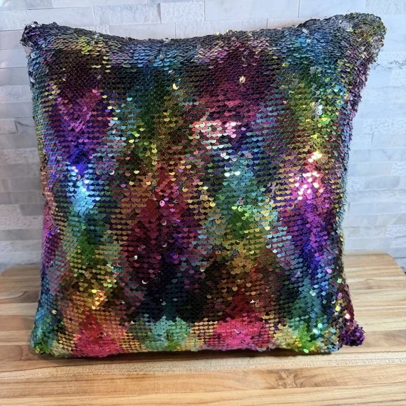 Rainbow Mermaid Flip Sequin Throw Pillow Reversible Silver Black‎ Accent Cushion