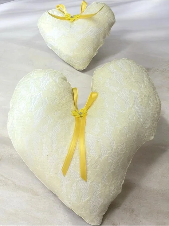 Heart Lace Accent Pillow with Yellow Ribbon - Soft Cream pack of 2