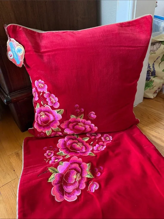 Anthro PIP studio Embroidered Red Velvet Floral pillow cushion cover