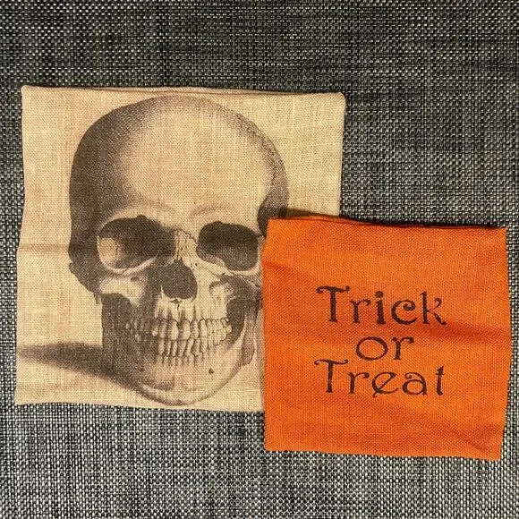 Lot of 2 Halloween Pillow Covers Burlap Style Skull Trick or Treat Orange Tan