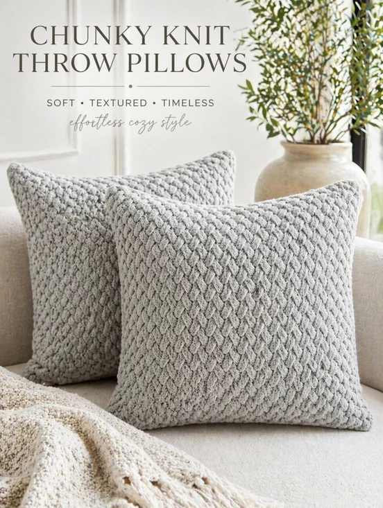 Set of 2 Chunky Knit Throw Pillows Neutral Soft Gray Txtured Cozy RH Style 20x20