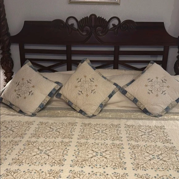 Pillows Set of 3 Cream and Blue Quilted Accent Pillows with Elegant Embroidery
