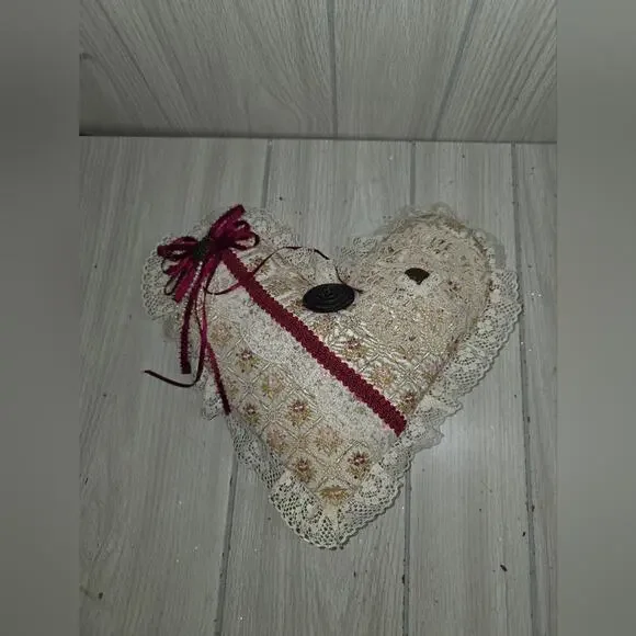 Vtg 80s Handmade Lace Ribbon Heart Shape Pillow Velvet Coquette Victorian Girlie