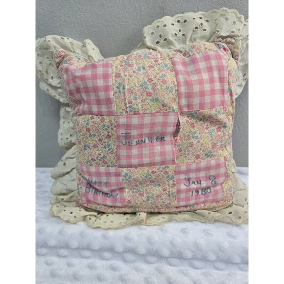 Ruffle Gingham Pillow Pink Cottagecore Embroidered Happy Birthday 10” Jennifer