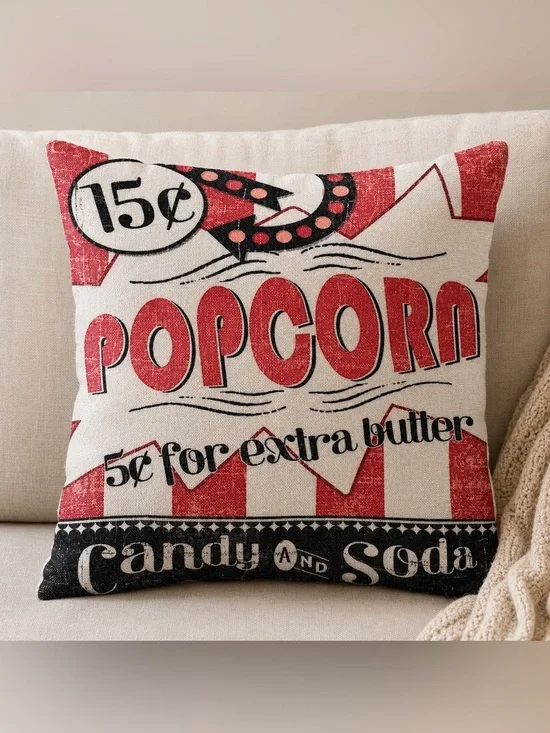 Movie Night Throw Pillow Covers Set of Four in Cream Black and Red