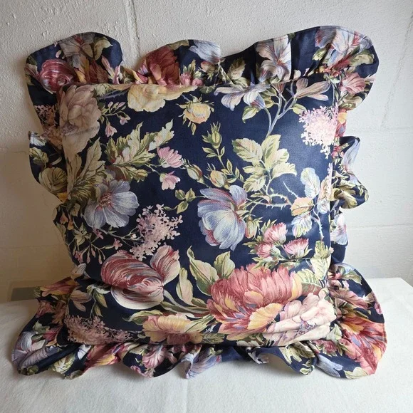 Vintage Floral Ruffled Throw Pillow Navy Blue Pink Botanical Cottagecore