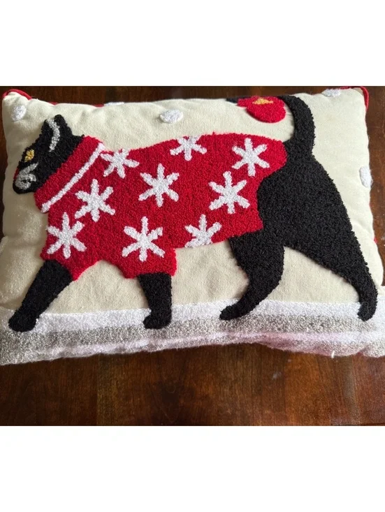 Decorative Pillow with Black Cat in Red Sweater Design