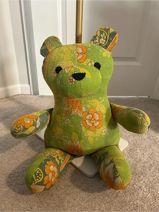 NWT FP One Handmade Kantha Quilted Green Floral Teddy Bear Plush, 24 inches