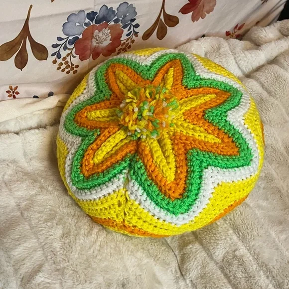 VTG Crochet Handmade Hippie Boho Yellow Green White Pom Decor Throw Neon Pillow