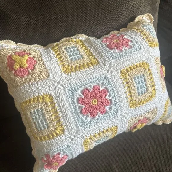 Shabby Chic Granny Square Throw Pillow Pastel 15x10 Cottage Feminine