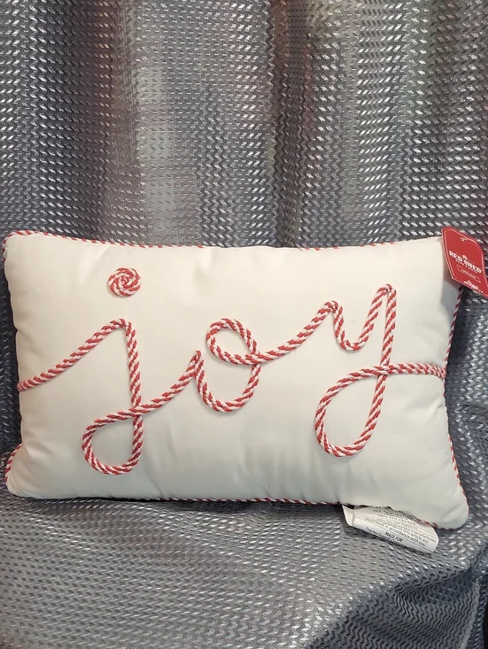 Joy Embroidered Cream Accent Pillow with Red Rope Trim