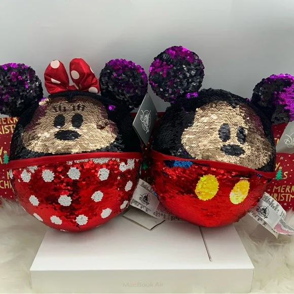 Disney Parks Minnie and Mickey Sequin Ears Pillow set