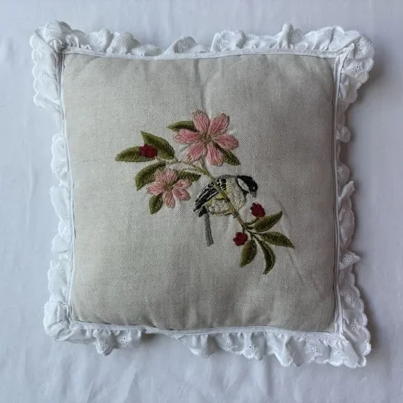 Vintage Embroidery Bird Flowers Throw Pillow Handmade 9” Cottagecore Farmhouse