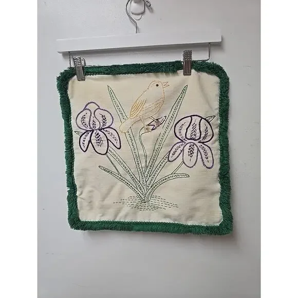Vtg Embroidered Bird Iris Flower Pillow Case Green Fringe Boho Shabby Chic 15