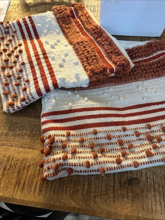 Textured Pom-Pom Stripe 20x20 Hampton Bay pillow covers in Cream & Rust.