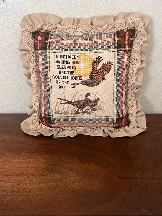 Vintage 90s Cross-Stitch Embroidered Pheasant Ruffle Pillow